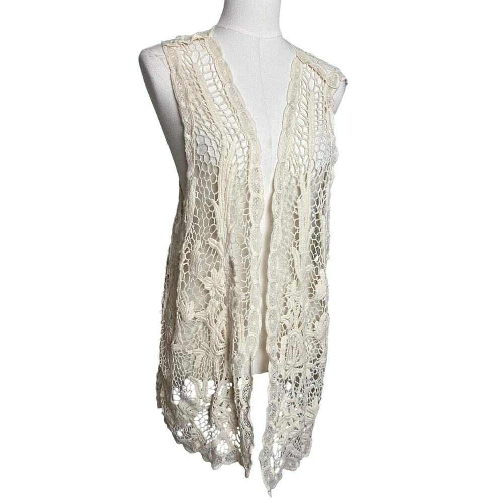 Crochet Lace Duster Vest One Size Boho Open Front Longline Festival Layering